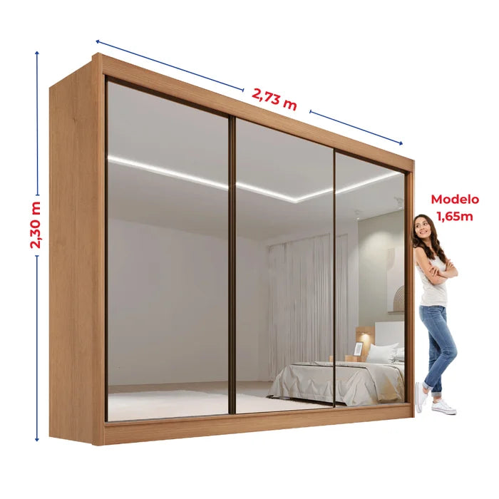 Roupeiro Dubai 100% MDF - 3 Portas Espelhadas - Cinamomo L