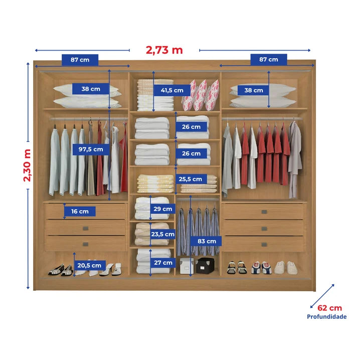 Roupeiro Dubai 100% MDF - 3 Portas Espelhadas - Cinamomo L