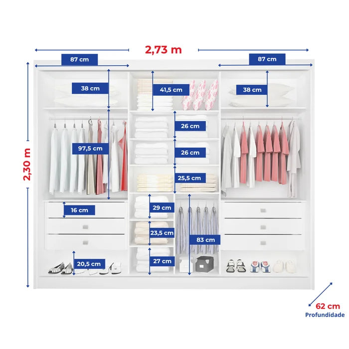Roupeiro Dubai 100% MDF - 3 Portas Espelhadas - Branco L