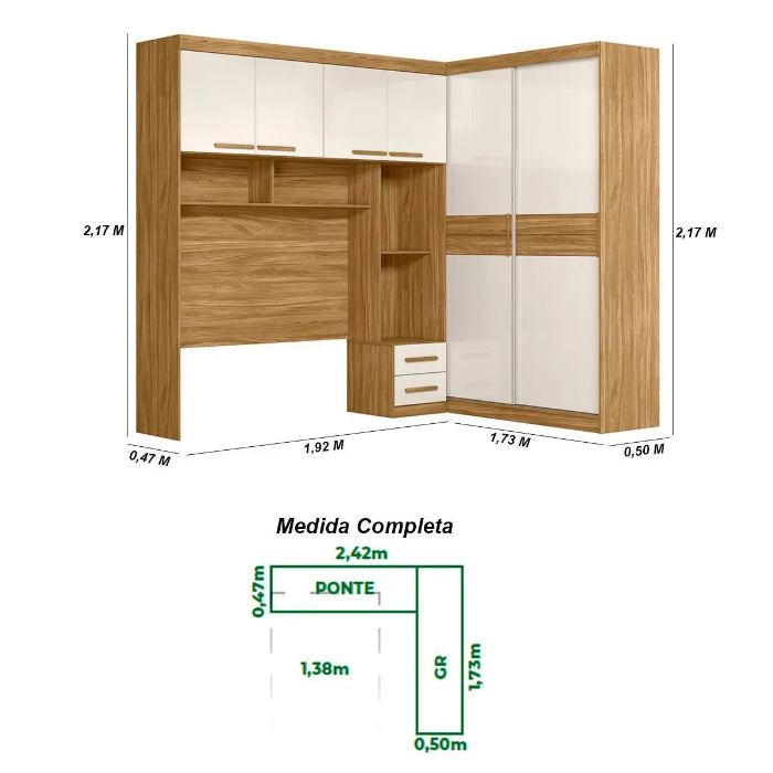 Roupeiro Modulado Florença 100% MDF (Casal 1,38 cm) - Freijó/Off White L