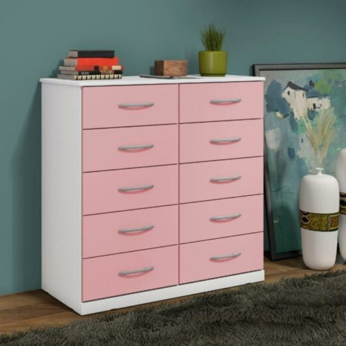 Comoda Macae.Parati 10 GAVETAS Branco com Rosa EN