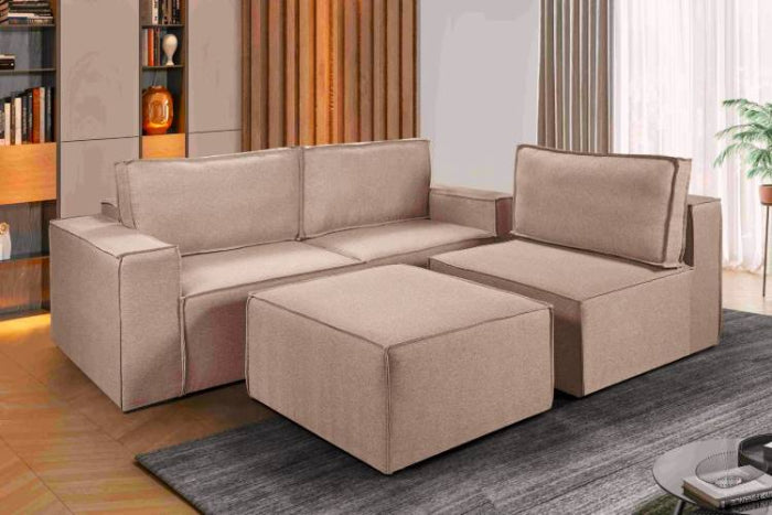 Estofado Domino 3x90cm mais Braco e Puff 90cm Linho Bege EN