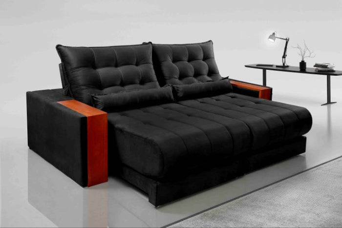 Estofado Retratil Reclinavel Genova 250 2x90 Molas Ensacadas Veludo Inca Preto EN