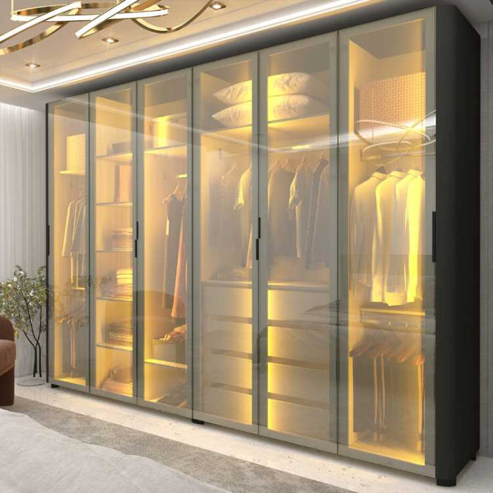 Roupeiro Innova 6 Portas de Vidro Reflecta com LED e Pes Preto Acetinado EN