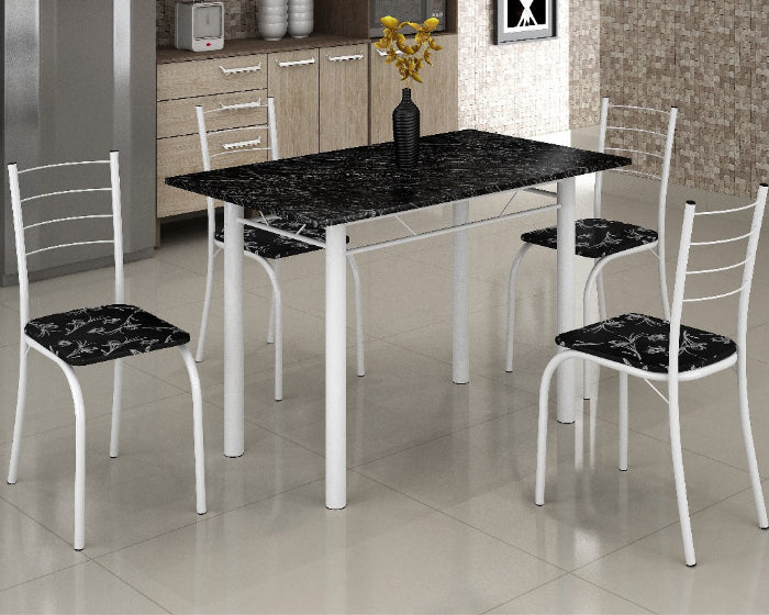 Conjunto Mesa Rio 100 Branco Tmp Pedra Indiana Preto e 4 Cadeiras Rio Branco Lirio Preto EN