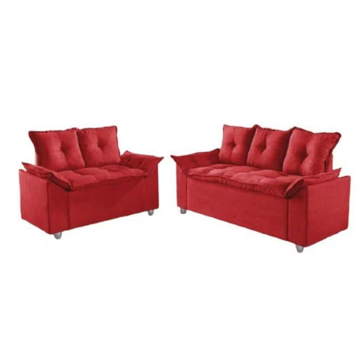 Conjunto Estofado Veneza Soft 2x3 Lugares Veludo Vermelho EN