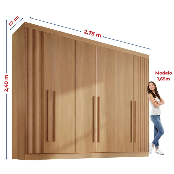 Roupeiro Da Vinci 100% MDF - 6 Portas - 2,75 cm - Cinamomo (Ripado) L