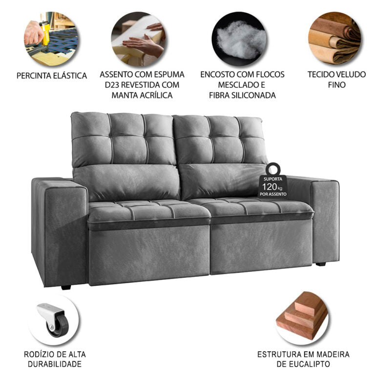 Sofá Retrátil e Reclinável Paraty Flash - 2,00 m - Cinza