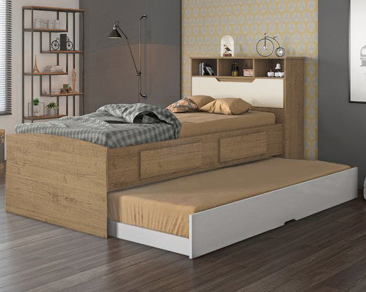 Bicama Ravena Solteiro 100% MDF (0,88 cm) - Amêndoa/Off White + Cama Auxiliar Branco