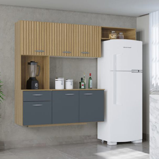 Cozinha Suspensa com Balcao Isis 180 Damasco Ripado 3D.Cinza EN