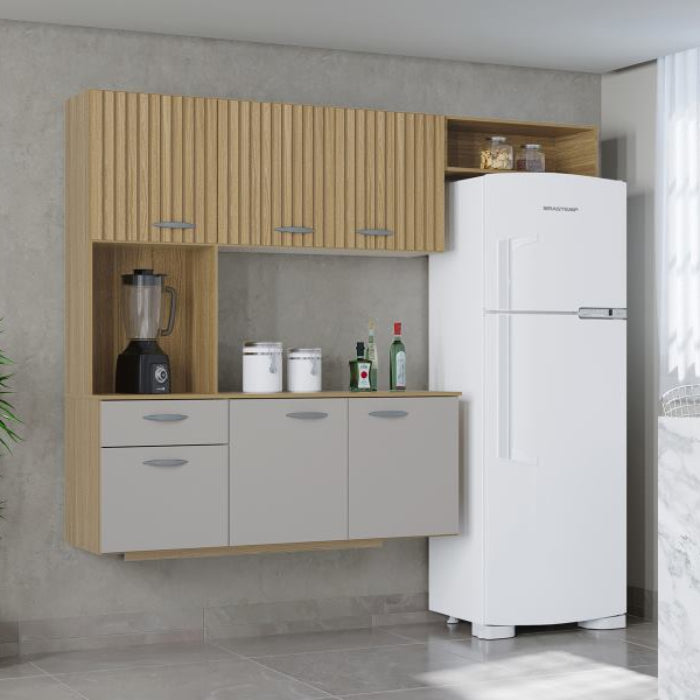 Cozinha Suspensa com Balcao Isis 180 Damasco Ripado 3D.Off White EN