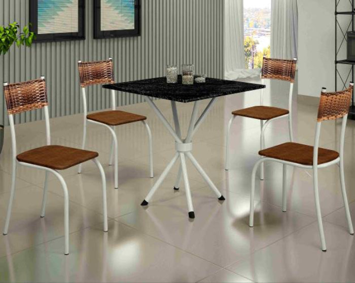 Conjunto Mesa Atlanta 70  Branco Tmp Pedra Indiana Preto e 4 Cadeiras Atlanta Branco.Carvalho EN