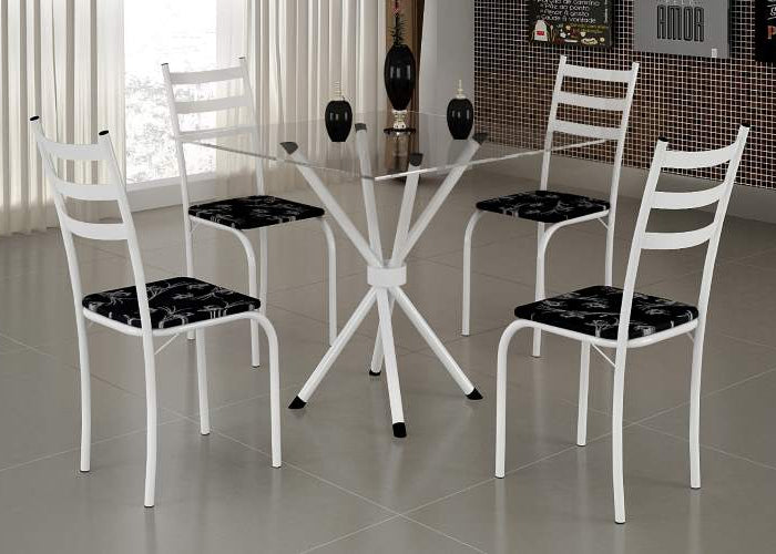 Conjunto Mesa Maraba 75 BrancoTmp Vidro Quadrado com 4 Cds Branco.Lirio Preto EN