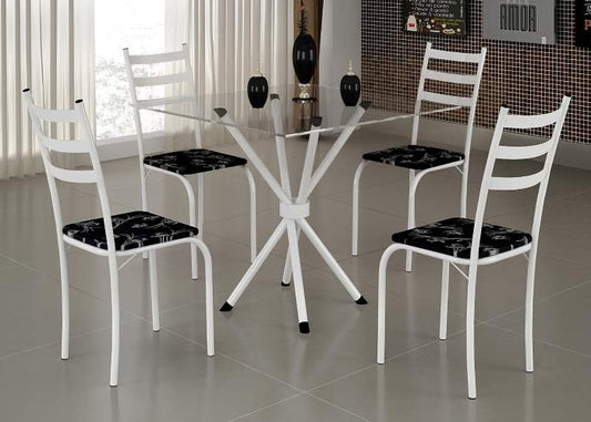 Conjunto Mesa Maraba 75 BrancoTmp Vidro Quadrado com 4 Cds Branco.Lirio Preto EN