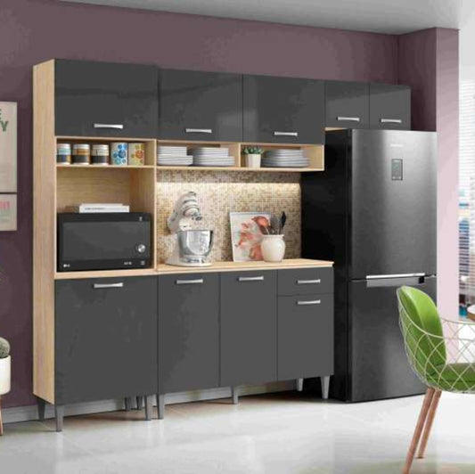 Cozinha Aurora com Balcao Arv Atenas 9P1G Avena.Grafite EN