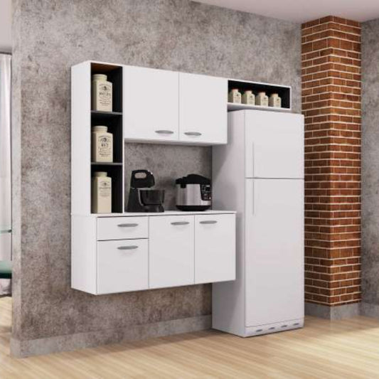 Cozinha Suspensa com Balcao Isis 163 Branco Detalhe Preto EN