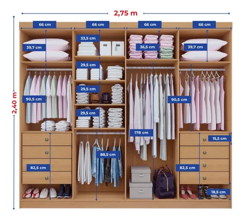 Roupeiro Dyamond 100% MDF - 8 Portas - 2,75 cm - Cinamomo/Off White L