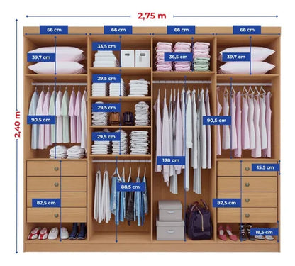 Roupeiro Dyamond 100% MDF - 8 Portas - 2,75 cm - Cinamomo/Off White L