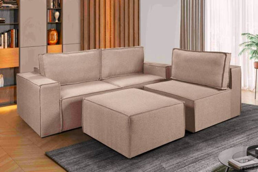 Estofado Domino 3x90cm mais Braco e Puff 90cm Linho Bege EN