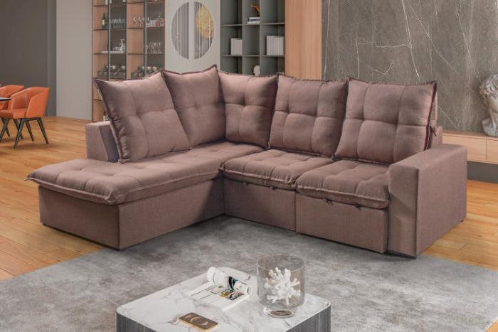 Estofado Retratil Reclinavel Canto Colatina 2x70 com Chaise Linho Marrom Chocolate EN