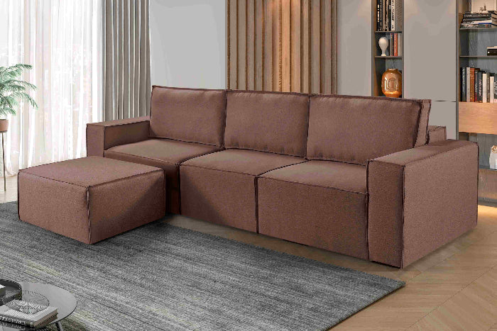 Estofado Domino 3x90 Mais Braco 25 e Puff 90 Linho Chocolate EN