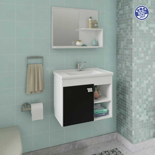 Gabinete de Banheiro Lotus 100% MDF - Com Cuba + Espelho - Branco/Preto