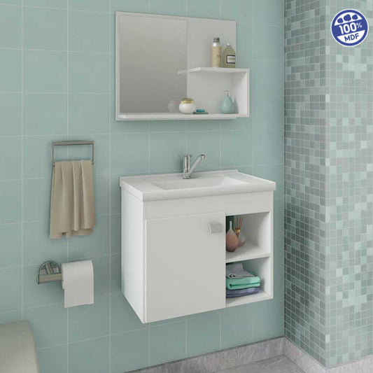 Gabinete de Banheiro Lotus 100% MDF - Com Cuba + Espelho - Branco