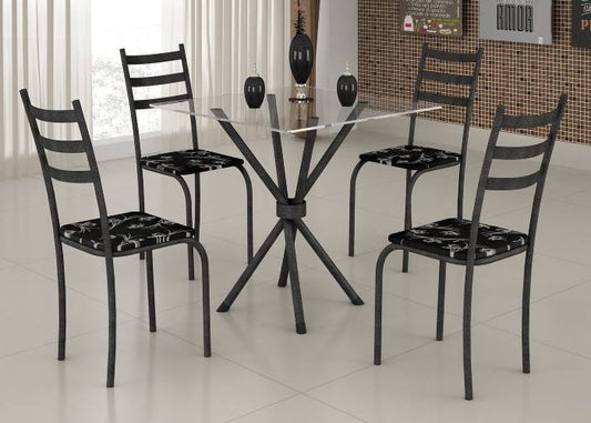 Conjunto Mesa Maraba 75x75 MarteladoTmp Vidro Redondo com 4 Cds Martelado.Lirio Preto EN