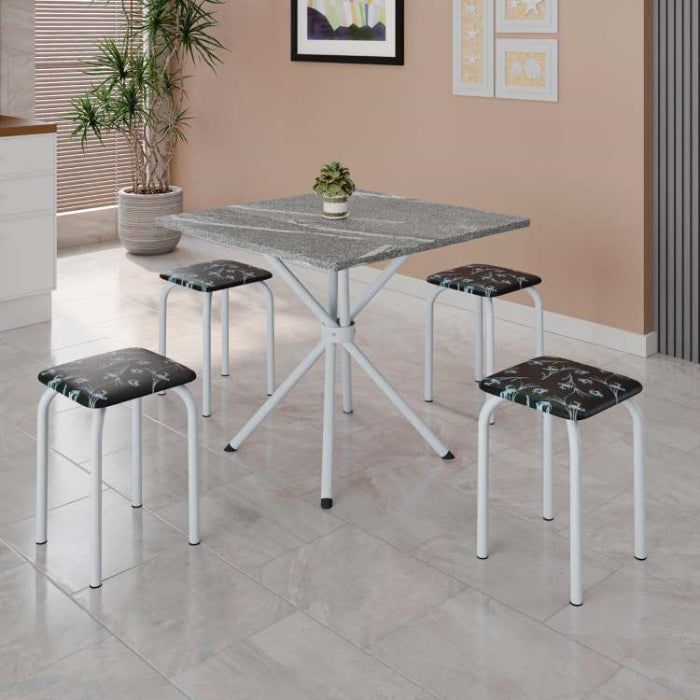 Conjunto Mesa Bali Branco Tmp Granito Topazio 70x70 com 4 Tamboretes Branco.Lirio Preto EN
