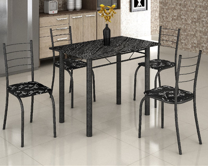 Conjunto Mesa Rio 100 Martelado Tmp Pedra Indiana Preto com 4 Cds Marteado.Ratan Lirio.Preto EN