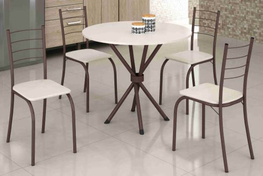 Conjunto Mesa Rio Marrom Tmp Ardosia Redonda Off White com 4 Cds Marrom.Creme EN