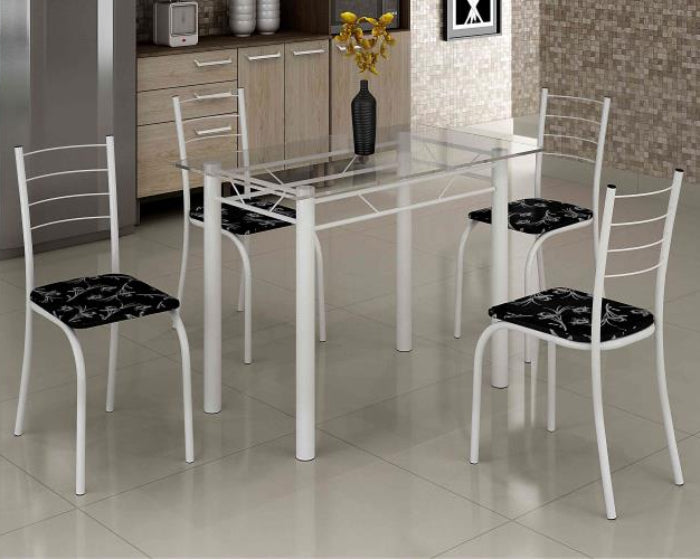 Conjunto Mesa Rio 100x60 Branco Tmp Vidro com 4 Cds Branco.Lirio Preto EN