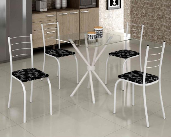 Conjunto Mesa Rio 70x70 Branco Tmp Vidro Quadrado com 4 Cds Branco.Lirio Preto EN