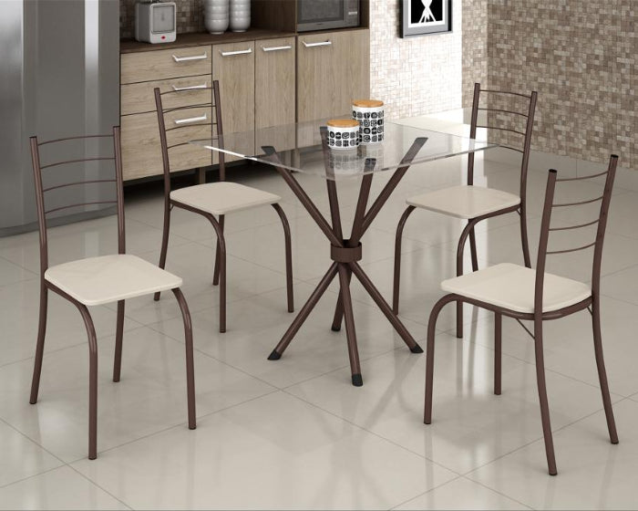 Conjunto Mesa Rio 70x70 MarromTmp Vidro Quadrado com 4Cds Marrom.Creme EN