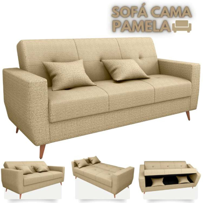 Sofa Cama com Bau MX Pamela 1 Estagio Linho Bege EN