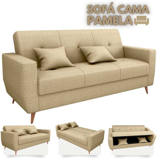 Sofa Cama com Bau MX Pamela 1 Estagio Linho Bege EN