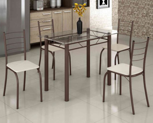 Conjunto Mesa Rio 100x60 Marrom Tmp Vidro com 4 Cds Marrom.Creme EN