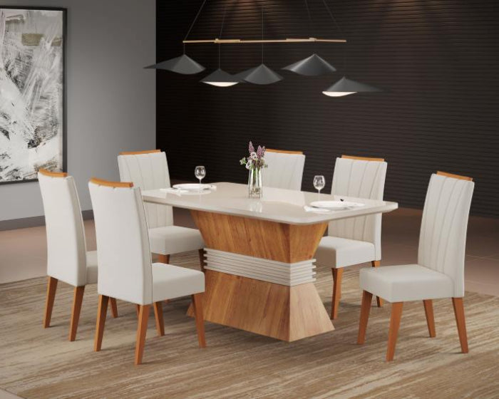 Sala Deli.Denali 160x90 Mel.Off White com 6 Cadeiras Safira Mel.Veludo Marfim EN