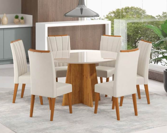 Sala Daila.Nicole 135 Mel Blonde.Off White com 6 Cadeiras Sarifa Mel Blonde Veludo Marfim EN