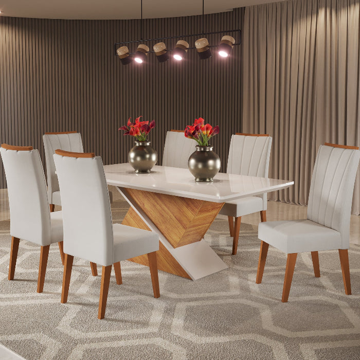 Sala Aurea 180x90 com 6 Cadeiras Safira Mel Blonde.Off White Veludo Marfim EN