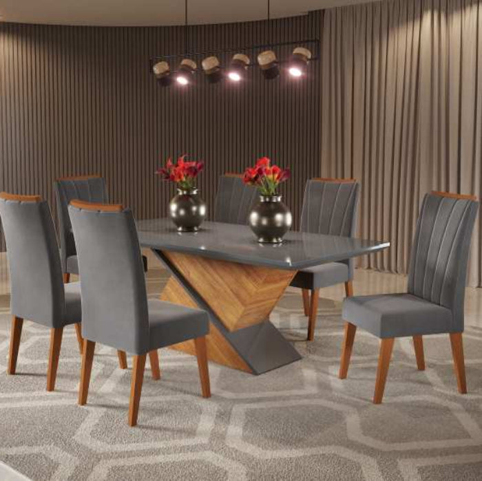 Sala Aurea 180x90 com 6 Cadeiras Safira Mel.Grafite Veludo Grafite EN