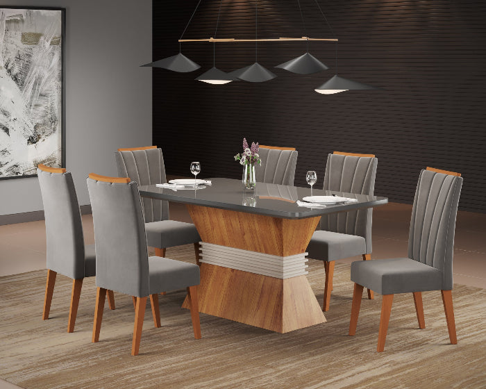 Sala Eve 180x90 com 6 Cadeiras Safira Mel.Grafite Veludo Grafite EN
