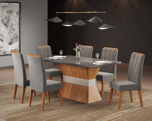 Sala Eve 180x90 com 6 Cadeiras Safira Mel.Grafite Veludo Grafite EN