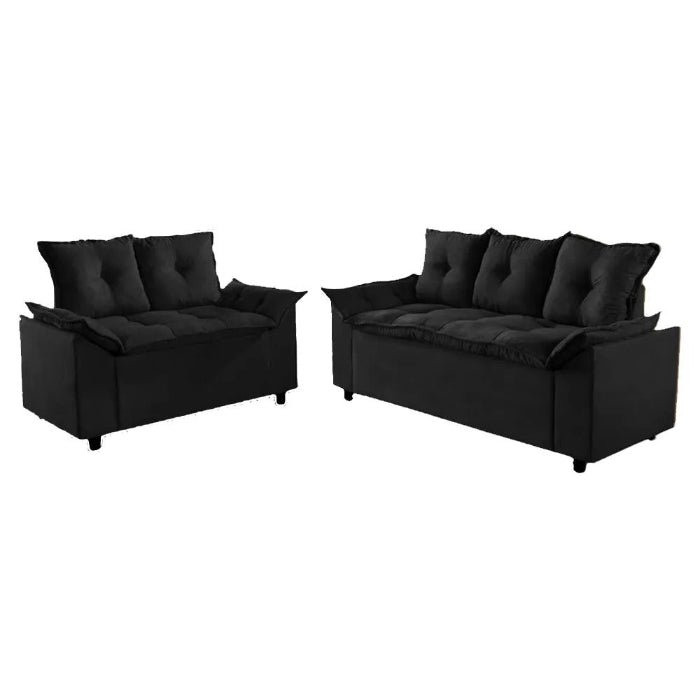 Conjunto Estofado Veneza Soft 2x3 Lugares Veludo Preto EN