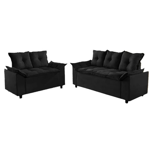 Conjunto Estofado Veneza Soft 2x3 Lugares Veludo Preto EN