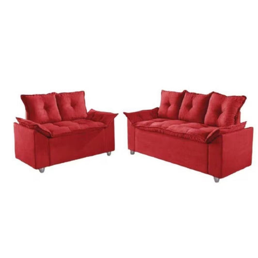 Conjunto Estofado Veneza Soft 2x3 Lugares Veludo Vermelho EN
