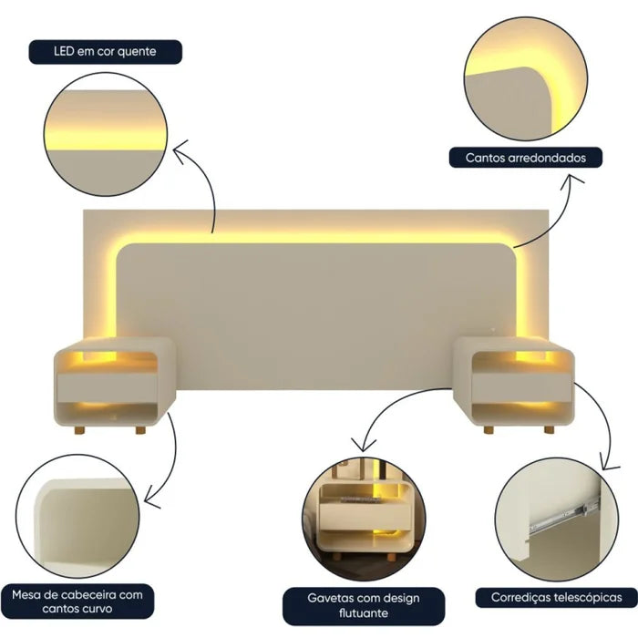 Cabeceira Box Innova Casal + 2 Mesas de Cabeceira - Off White EN