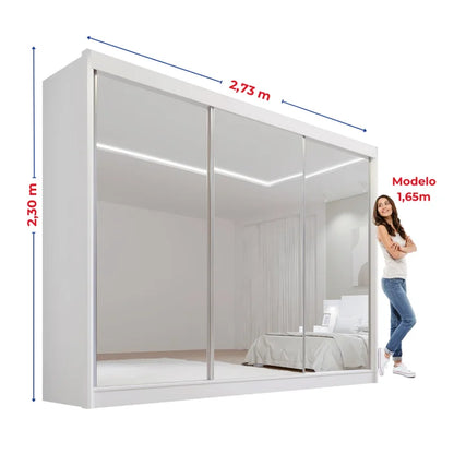 Roupeiro Dubai 100% MDF -  3 Portas Espelhadas - Branco  L