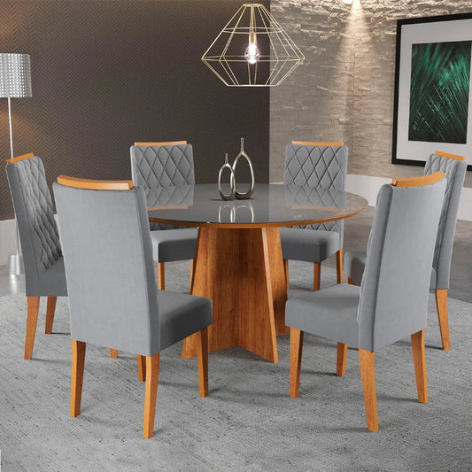 Mel Blonde/Grafite - Mel Blonde/Vel Grafite C/ 6 Cadeiras EN