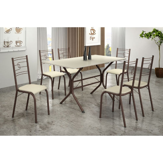 Mesa Paraty 140 - Marrom/Off White/Creme C/ 6 Cadeiras EN